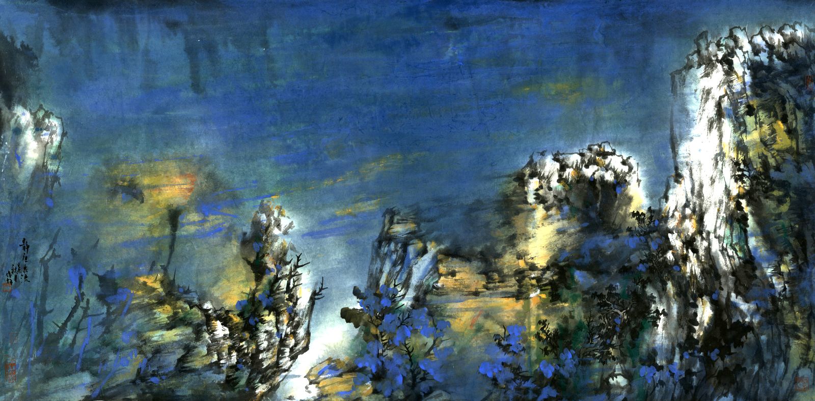 《静夜泉流》140cm x 70cm、皮纸、彩墨、2015年
