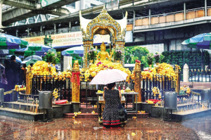 8月21日,在重新开放的泰国曼谷四面佛前,一名市民在雨中悼念爆炸事件中的遇难者。资料图片